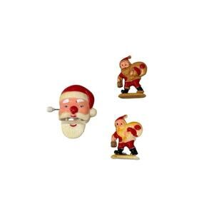 Vintage Christmas Santa Pocket Clip And Ornaments Lot Of 3 Plastic Celluloid